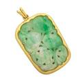 Carved jade 18k gold pendant pierced fruit and floral carved panel in textured 18k gold 2 14 x 1 12 208 dwt