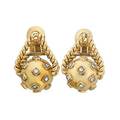 Marchak 18k yellow gold diamond earrings square set single cut diamond accents approx 75 ct tw on spherical drop affixed to rope support clip backs for unpierced ears retailed by macklowe ga
