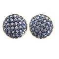 Diamond  sapphire 18k gold checkerboard earrings button shaped set with 74 blue sapphires approx 10 cts tw 48 diamonds approx 36 ct tw hinged posts ca 1995 34 14 dwt