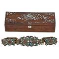 Hungarian jeweled and enameled silver belt in the persian style five panels and pinned clasp of silver filigree fretwork set with pink foil backed rose quartz cabochons among meandering flowering po