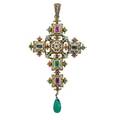 Renaissance revival jeweled enameled gold cross baroque open work pendant with polychrome decorations set with faceted rubies sapphires emeralds and a square table cut diamond suspends a pear shap