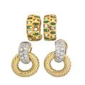 Two pairs of 18k gold ear clips with diamonds yellow gold doorknocker style with white gold diamond pave surmounts half hoop openwork with diamonds and emeralds rbc diamonds approx 210 cts tw