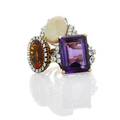 Three gold gemstone rings with diamonds emerald cut deep purple amethyst 22 cts by formula plume shaped diamond shoulders 14k gold felger oval faceted garnet 10 cts by formula and diamond 18k