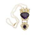 Large elaborate amethyst and diamond 18k pendant triangular faceted deep purple amethyst 33 x 26 x 145 mm 75 cts by formula crested by diamond crown and suspending oval amethyst and scroll pan