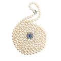 Cultured pearl necklace sapphire diamond clasp opera length double strand of lustrous spherical cultured saltwater pearls 90  78 mm joined by revised omc diamond and faceted sapphire flower head