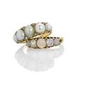 Two victorian five stone bands with diamonds graduated natural pearls and rose cut diamonds in 15k yg largest pearl 7 mm size 5 14 three opals and two omc diamonds in 18k yg diamonds approx