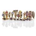 Sixteen gemset gold rings 18801930 five 18k two 15k eight 14k one 10k set variously with diamond spinel sapphire amethyst tourmaline opal garnet iolite ruby sizes 4 12  9 12 305