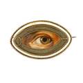 Lovers eye enameled gold brooch navette shaped hand painted miniature of gazing eye framed by plaited hair behind shaped crystal white enamel border pearled edge steel pin stem unmarked 2 x