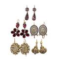 Five pairs georgian or victorian gold earrings pink foil backed pendeloque 12k gold red foil backed garnet cluster 10k gold feather work insect earrings in part enameled 18k gold with seed pearls