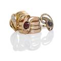 Three victorian jeweled gold serpent rings 18k gold with omc diamonds approx 30 ct size 9 14k gold with black star sapphire and ruby eyes size 5 9k gold with garnet size 10 12 15 dwt prop