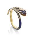 Victorian enameled gold serpent bracelet twice hinged 14k gold bracelet designed as a coiled serpent with open mouth and protruding red enameled tongue translucent blue enameled body with engraved t