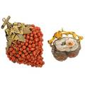 Two pendants of asian interest chinese agate carved in the form of a nesting bird and persimmons suspends from flowering gold prunus branches 1 12 uncommonly large red coral and silver gilt grape