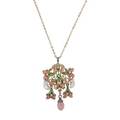 Art nouveau enameled gold pendant with conch pearl interlaced vegetal design in shades of pink and green post set seed pearls prong set diamonds suspends two dog tooth pearls and pink conch pearl