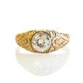Belle epoque diamond rococo 14k gold ring oec diamond approx 150 cts in yg bezel on deeply embossed rose gold hoop charles m levy  sons nyc 18961932 size 10 28 dwt