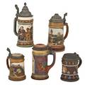 Mettlach etched steins five numbers 2527 310 liter 2277 half liter 2387 half liter 2277 310 liter 2051 half liter early 20th c tallest 10