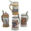 Mettlach etched steins four numbers 2900 half liter two 2833 half liter one1695 half liter early 20th c two initialed mc tallest 9 14