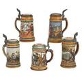 Mettlach stoneware steins five numbers 1146 half liter 1527 half liter 2028 half liter 2501 half liter 1742 half liter early 20th c three initialed and all marked tallest 9