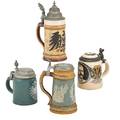 Mettlach stoneware steins four numbers 2204 half liter 1526 half liter 2951 half liter 3034 half liter early 20th c tallest 9
