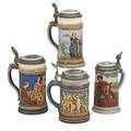 Mettlach etched steins four numbers 1725 half liter 2025 half liter 2581 half liter 2889 half liter early 20th c one signed c worth tallest9 34