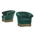 Pair of art deco parlor chairs green velvet tufted back with fringe american ca 1930 35 x 30 x 36