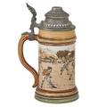 Mettlach etched stein number 2324 half liter pewter mounted lid with a depiction of an early american football game early 20th c 9 12