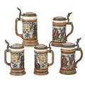 Mettlach etched steins five numbers 1932 liter 1932 half liter and three 2231 half liter early 20th c two signed c worth tallest 10 14