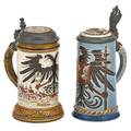 Mettlach etched steins two number 2075 half liter and 2727 half liter early 20th c taller 9 12