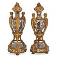 Pair of french champleve urns foliate decoration with gilt bronze figural handles and mount 19th c 10 12