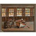 Robert beck american b 1950 two oil on panel miniature paintings framed boat shed 2003 signed dated and titled 8 x 10 anchored boat 2002 framed signed and dated 1 78 x 3 14