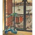 New york harbor scene oil on canvas view from window 1930 signed g t hartmann and dated exhibition label on reverse salons of america american art association anderson galleries 40 x 34