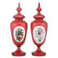 Pair of bristol glass vases handpainted porcelain reserves on cranberry ground 19th c 16