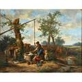 Johan mari henri ten kate dutch 18311910 oil on panel landscape of a woman and three children around a well ca 1855 framed signed with wax sealed handwritten label on verso by artist 22 1