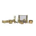 Decorative brass fire accessories nine two fire fenders one screen one set of fire tools one pair of andirons one coal scuttle one trivet one wood container one popcorn popper and one nantuck