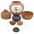 Native american pottery vessels seven zia polychrome jar two santa clara pueblo blackware bowls and four polychrome baskets 20th c zia signed helen gachupin largest 9 34