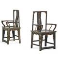 Pair of chinese open armchairs lacquer design on ebonized ground early 20th c 42 12 x 23 x 17 34