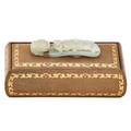 Chinese jade belthook mounted on a froelich leather cardbox ca 1900 leather stamped froelich 4 x 8 14