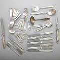 Reed  barton silver sculpture flatware partial service for six plus serving pieces 1954 7 dinner forks 7 12 7 saladdessert forks 6 34 7 teaspoons 6 18 4 soup spoons 6 34
