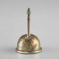 Gorham mixed metal japanesque dinner bell 1882 spot hammered dome shape with applied copper crane insects plume and frog in sterling and other metals marked 385 4 885 gs
