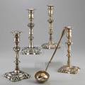 English or english style silver five pieces toddy ladle with wood handle london 1735 pair of sheffield weighted silver candle stands 1889 pair of cast candle stands mixed marks for london 18t