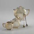 Art deco silver plate tea service four pieces teapot sugar bowl with tongs and waste pot in the style of christian fjerdingstad for christofle unidentified marks tallest 5 12