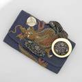 Meiji japanese silver mounted tobacco pursepouch forbidden stitch embroidered silk threetoed dragon on blue woven ground pierced and repousse silver chrysanthemum closure and detailing on ivory bu