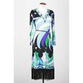 Emilio pucci silk midi dress printed silk with black fringe at hemline and crystal bead tassel belt retailed by saks fifth avenue size 10