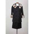 Ladies visconti chinchilla trimmed suit black wool blend damask coat and skirt in floral pattern faux double breasted black jeweled buttons 4 silver chinchilla trim at collar and cuffs threequar