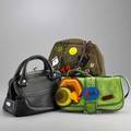 Three recent designer handbags whimsical miu miu green suede cross body tote with colorful fabric and plastic applique purple stitching snap closure and multiple interior compartments adjustable s