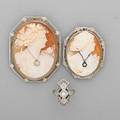 Two diamond set cameos and filigree ring art deco 14k wg carved shell cameo habille brooches with diamonds and pendant bails larger 2 18 x 58 18k wg filigree ring with transitional cut and sin