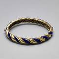 Enameled 14k yellow gold hinged bangle heavy cast gold in the form of twisted rope with royal blue vitreous enamel ca 1965 38 interior circumference 6 12 197 dwt