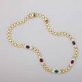 Diamond and precious gem 14k yellow gold necklace brick link necklace with five diamond stations approx 80 ct tw throughout set with cabochon cut emerald rubies and sapphires ca 1980 15 12