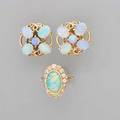 Opal and gold jewelry 14k yg ring with good oval bluegreenredyellow boulder opal specimen 1235 x 940 mm and 60 ct tw diamond surround quatrefoil cluster bluegreen earrings for unpierced e