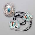 Native american sterling gentlemens jewelry three pieces sammys esther guardian zuni inlaid blue jay on branch bolo tie and buckle includes turquoise marcasite and spiny oyster 2 58 x 2 14 a