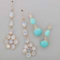Two pairs spectacle set gold earrings 14k yg moonstone floral form cluster drop 2 12 turquoise cabochons and diamonds shepherds hook wires for pierced ears drops 1 12 71 dwt gw